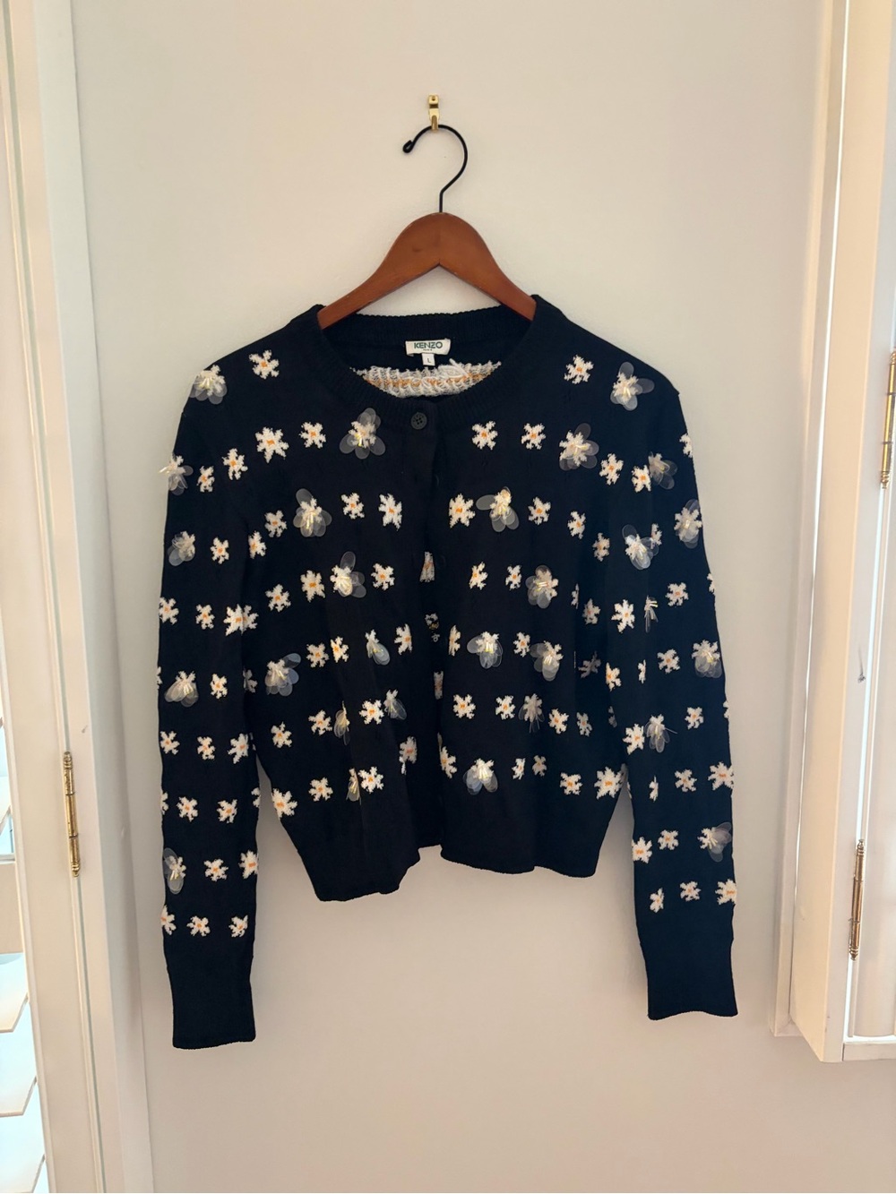 Kenzo Black Cardigan with White and Silver Floral Embellishment